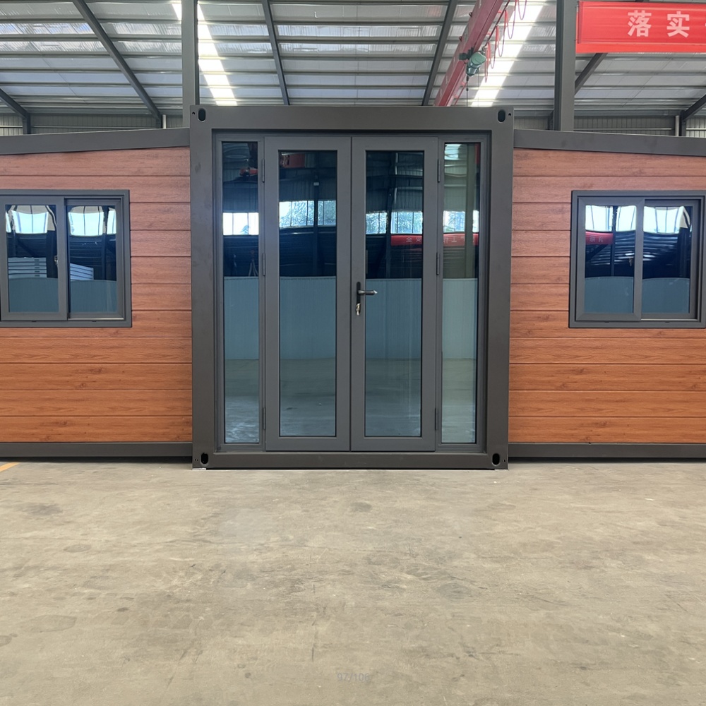 20FT Wood-Grain Folding Container Cabin with Grey Glass Doors
