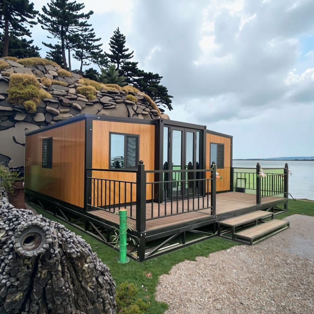 30FT Wood-Grain Folding Container Cabin with Lakeside Deck